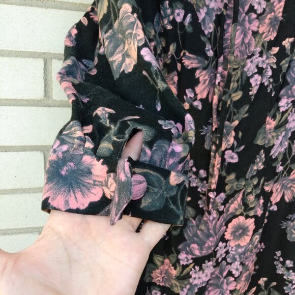 Vintage 60s Dress 40" Bust Black Pink Mauve Floral Drawstring Neckline - Picture 2 of 14